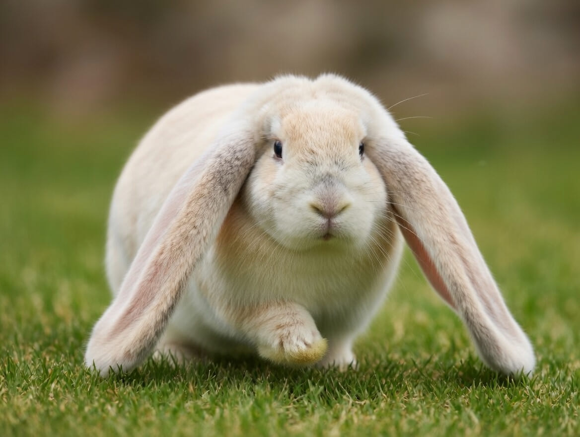 An English Lop rabbit with long ears