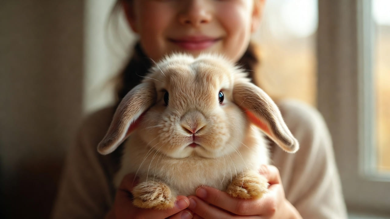 A happy Holland Lop rabbit in a bright living room